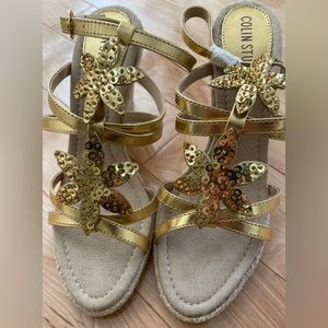 New; Wedge Sandals Gold With Sequence and Beaded Ornamentation